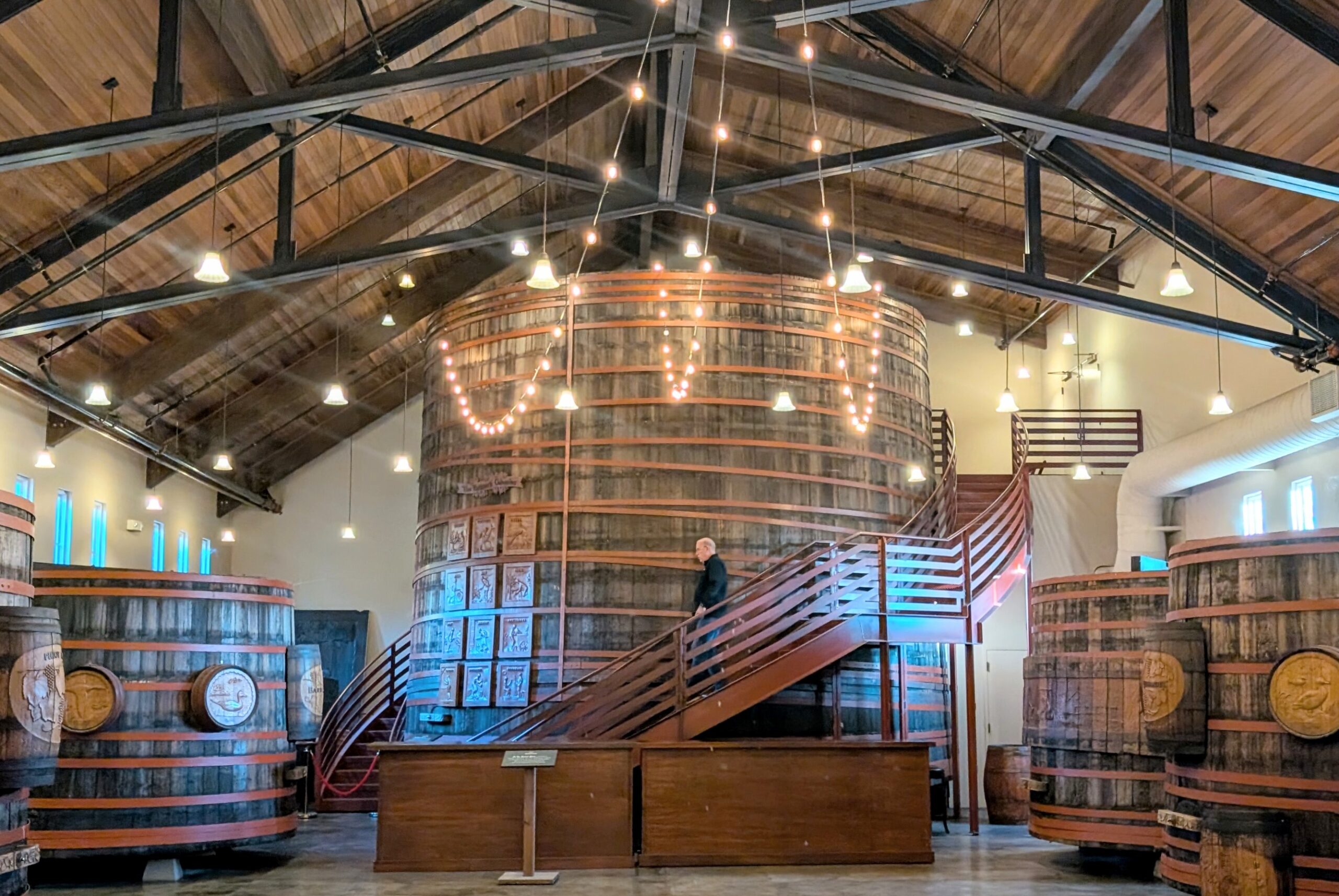 Taste wine and see the world’s largest redwood wine tank!